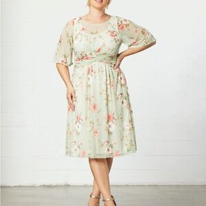 Kiyonna Sage Green Floral Midi Dress with Pink & Cream Blooms
